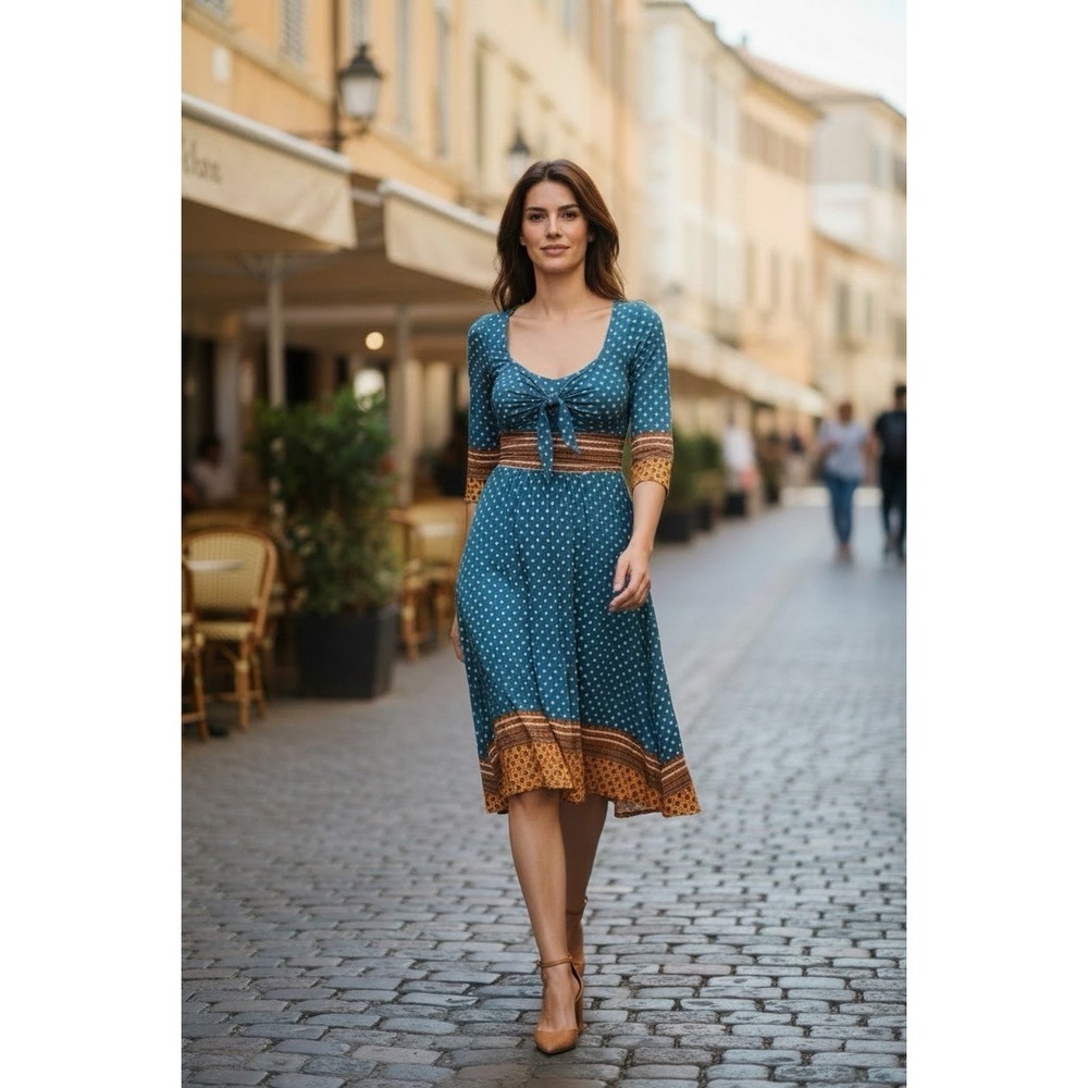 Anthropologie Maeve Large Blue Beloved Tie Front 3/4 Sleeve Jersey Midi Dress